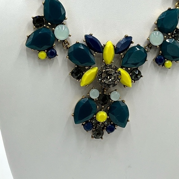 J. Crew Crystal Floral Teal Indigo Yellow Multi-Color Statement Bib Necklace - Picture 4 of 15